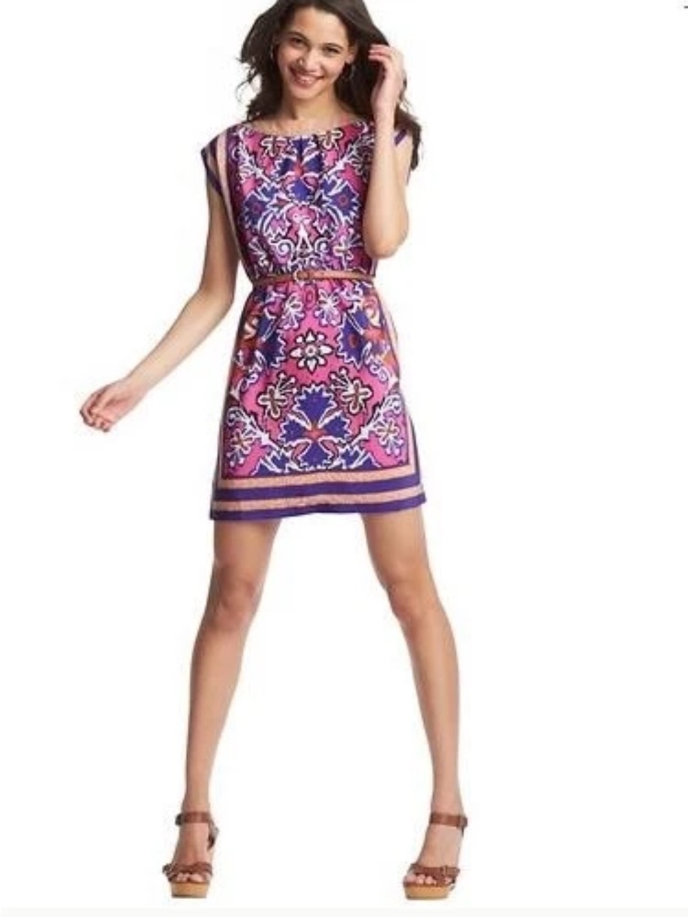 ANN TAYLOR LOFT silky Sleevess Dress In Pink And Purple Batik Print Size S